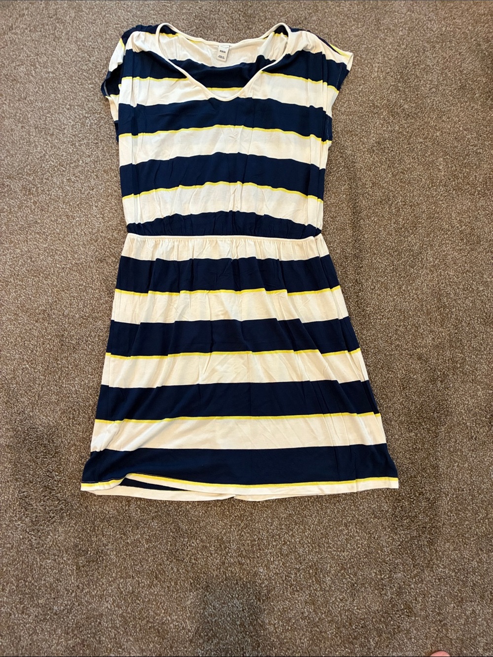 Navy and White Striped Casual Dress with Yellow Accent